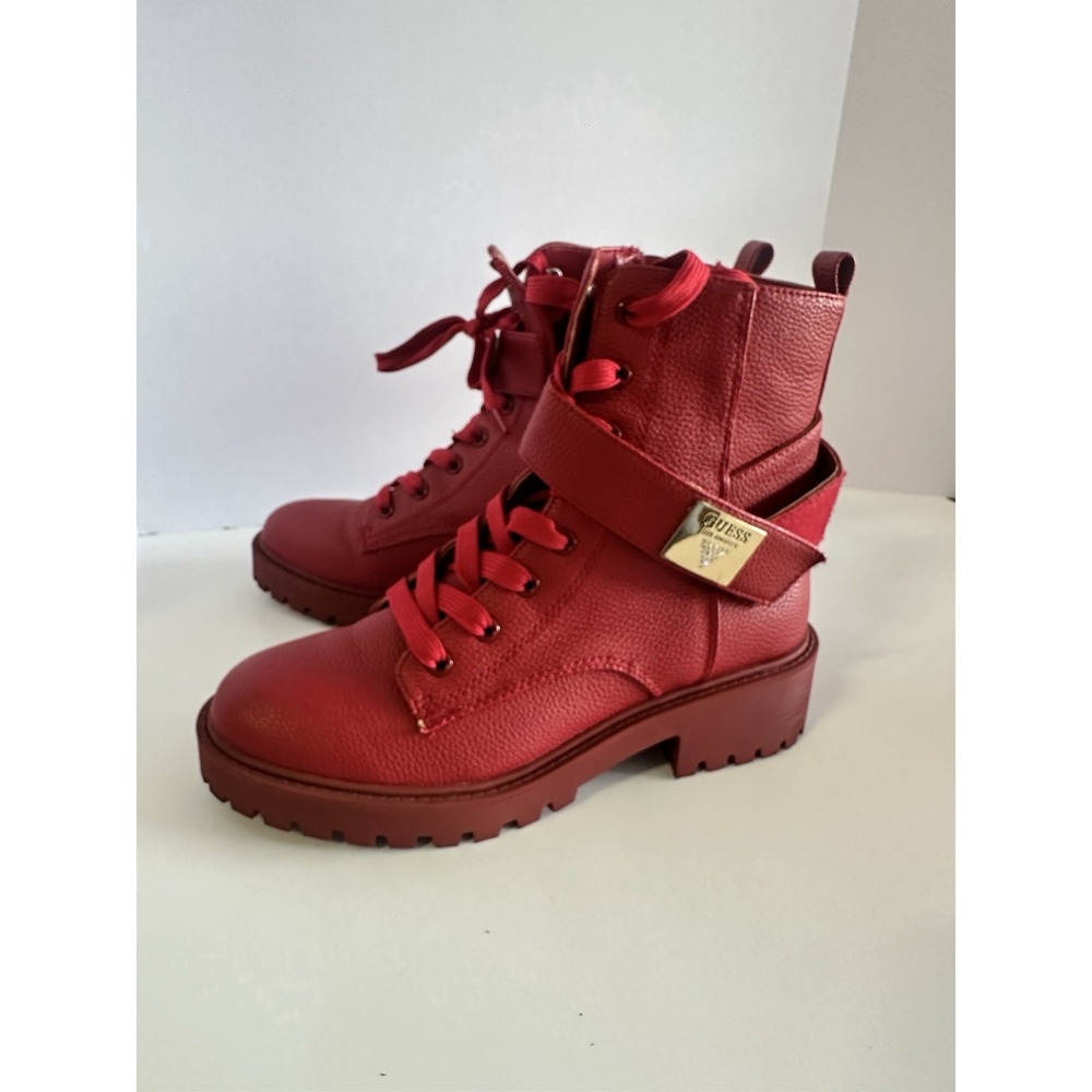 Guess Caleena Red Combat Boots Womens 7.5 M Lace Up Side Zip Lug Sole WGCALEENAC - Picture 5 of 11
